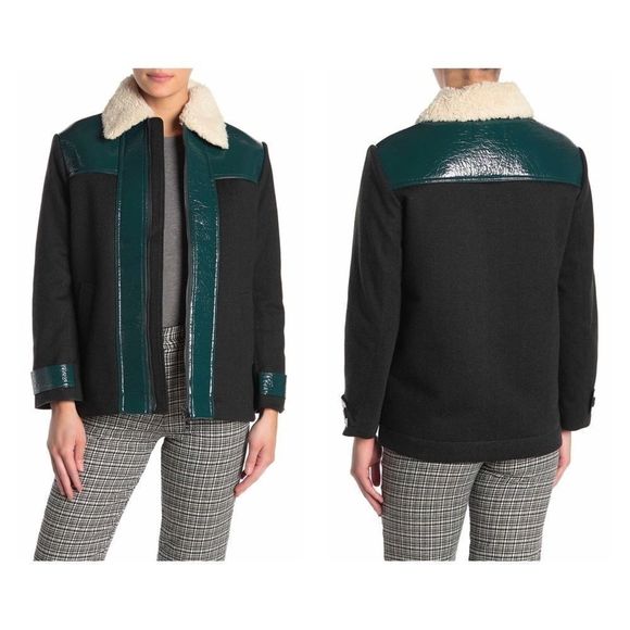 Paul & Joe Sister Green Crackled Vinyl Faux Fur Jacket Size Medium